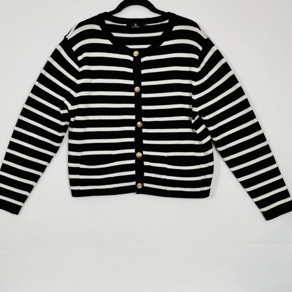 LILLUSORY Women's Crew Neck Black White Stripe Cardigan Sweater Sz XL Pockets